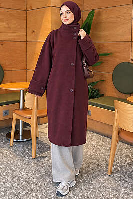Dik Yaka Düğmeli Oversize Kaşe Kaban Bordo - Kaban