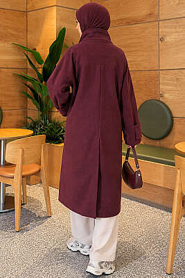 Dik Yaka Düğmeli Oversize Kaşe Kaban Bordo - Kaban