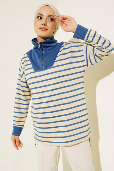 Dik Yaka Fermuarlı Çizgili Tunik İndigo - Tunik