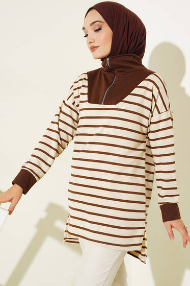 Dik Yaka Fermuarlı Çizgili Tunik Kahve - Tunik