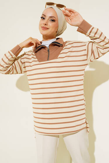 Dik Yaka Fermuarlı Çizgili Tunik Latte - Tunik