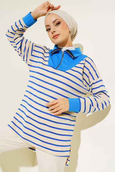 Dik Yaka Fermuarlı Çizgili Tunik Mavi - Tunik