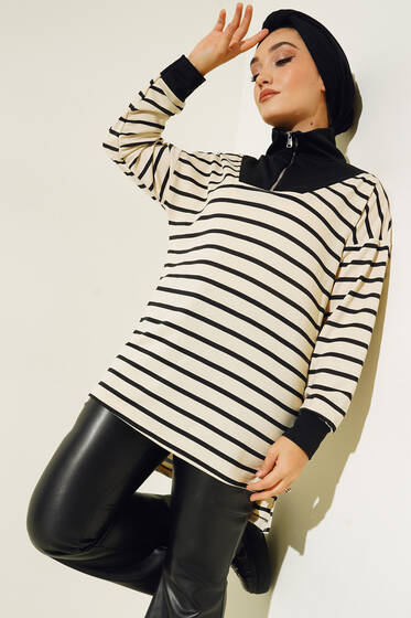 Dik Yaka Fermuarlı Çizgili Tunik Siyah - Tunik