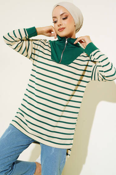 Dik Yaka Fermuarlı Çizgili Tunik Zümrüt Yeşil - Tunik
