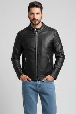 Dik Yaka Fermuarlı Erkek Deri Mont Siyah - ZAGO