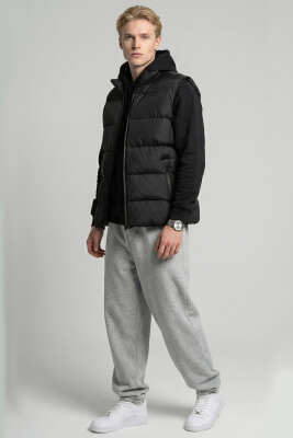 Dik Yaka Fermuarlı Erkek Şişme Mont Siyah - Erkek Mont