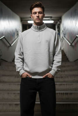 Dik Yaka Fermuarlı Erkek Sweatshirt Gri 