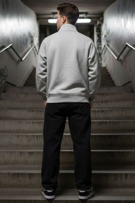 Dik Yaka Fermuarlı Erkek Sweatshirt Gri - Erkek Sweatshirt