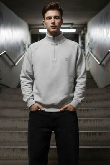 Dik Yaka Fermuarlı Erkek Sweatshirt Gri - Erkek Sweatshirt