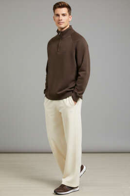 Dik Yaka Fermuarlı Erkek Sweatshirt Kahve - Erkek Sweatshirt