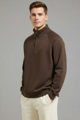 Dik Yaka Fermuarlı Erkek Sweatshirt Kahve 