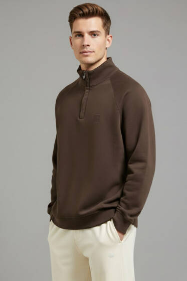 Dik Yaka Fermuarlı Erkek Sweatshirt Kahve - Erkek Sweatshirt