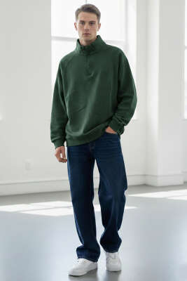 Dik Yaka Fermuarlı Erkek Sweatshirt Nefti - Erkek Kazak