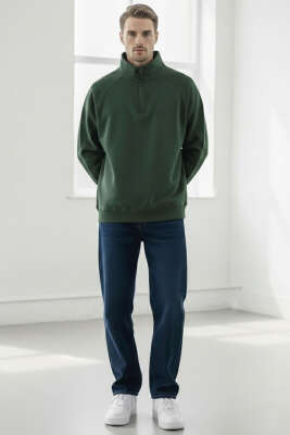 Dik Yaka Fermuarlı Erkek Sweatshirt Nefti - Erkek Kazak