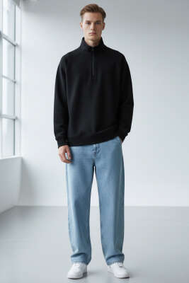Dik Yaka Fermuarlı Erkek Sweatshirt Siyah - Erkek Sweatshirt