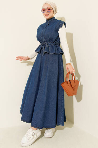 Dik Yaka Fermuarlı Etekli Kot İkili Takım Mavi - İkili Takım