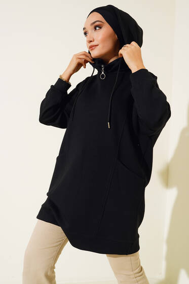 Dik Yaka Fermuarlı Tunik Siyah - Tunik