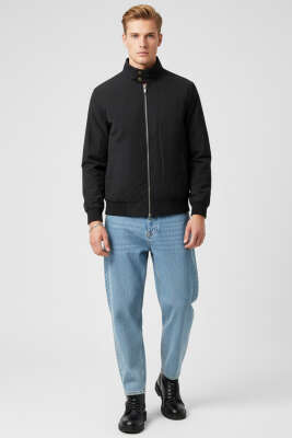 Dik Yaka Fermuarlı Mevsimlik Erkek Mont Siyah - Erkek Mont