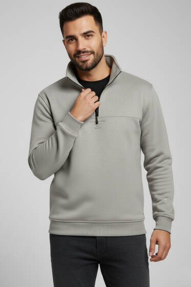 Dik Yaka Fermuarlı Süet Erkek Kazak Gri - Yeni Erkek Giyim