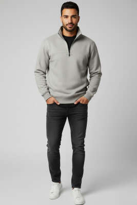 Dik Yaka Fermuarlı Süet Erkek Kazak Gri - Yeni Erkek Giyim