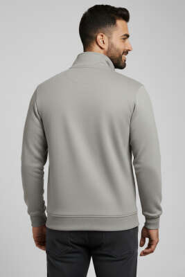 Dik Yaka Fermuarlı Süet Erkek Kazak Gri - Yeni Erkek Giyim