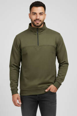 Dik Yaka Fermuarlı Süet Erkek Kazak Haki - WİPEOUT