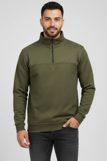 Dik Yaka Fermuarlı Süet Erkek Kazak Haki - Yeni Erkek Giyim