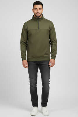 Dik Yaka Fermuarlı Süet Erkek Kazak Haki - Yeni Erkek Giyim