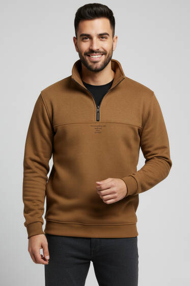 Dik Yaka Fermuarlı Süet Erkek Kazak Kahve - Yeni Erkek Giyim