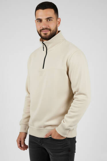 Dik Yaka Fermuarlı Süet Erkek Kazak Taş - Yeni Erkek Giyim