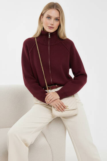 Dik Yaka Fermuarlı Triko Hırka Bordo - Kadın Giyim Modelleri