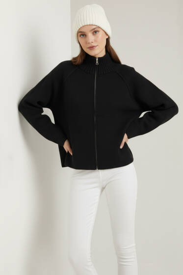 Dik Yaka Fermuarlı Triko Hırka Siyah - Kadın Giyim Modelleri