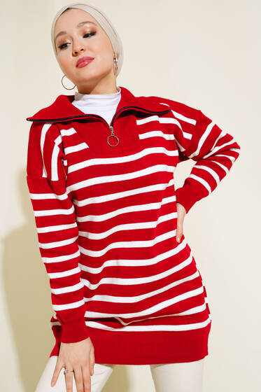 Dik Yaka Fermuarlı Triko Tunik Kırmızı - Tunik