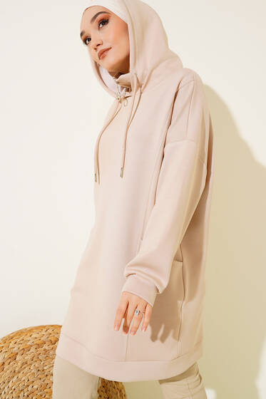 Dik Yaka Fermuarlı Tunik Bej - Tunik