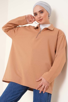 Dik Yaka Fermuarlı Tunik Camel - Tunik