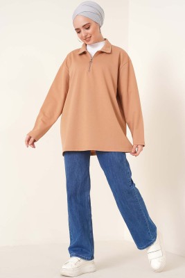 Dik Yaka Fermuarlı Tunik Camel - Tunik