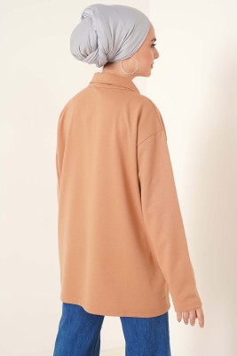 Dik Yaka Fermuarlı Tunik Camel - Tunik