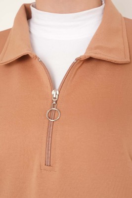 Dik Yaka Fermuarlı Tunik Camel - Tunik