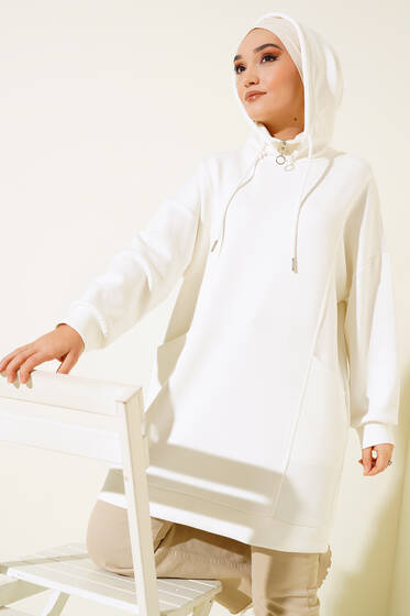 Dik Yaka Fermuarlı Tunik Ekru - Tunik