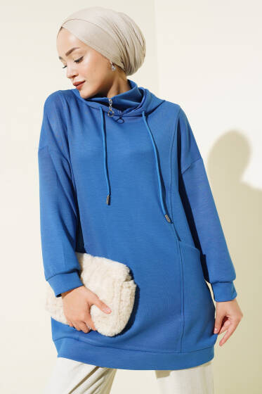 Dik Yaka Fermuarlı Tunik İndigo - Tunik