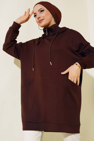 Dik Yaka Fermuarlı Tunik Kahve - Tunik