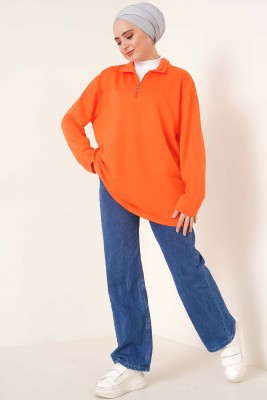 Dik Yaka Fermuarlı Tunik Oranj - Tunik