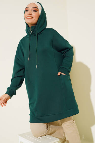 Dik Yaka Fermuarlı Tunik Zümrüt Yeşili - Tunik
