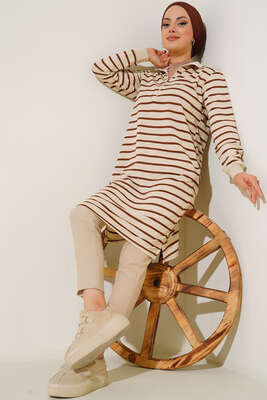 Dik Yaka Fermuarlı Uzun Tunik Kahve 