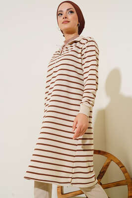 Dik Yaka Fermuarlı Uzun Tunik Kahve - Tunik