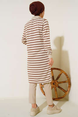 Dik Yaka Fermuarlı Uzun Tunik Kahve - Tunik