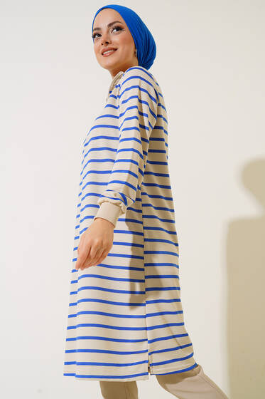 Dik Yaka Fermuarlı Uzun Tunik Saks - Tunik