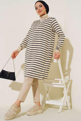 Dik Yaka Fermuarlı Uzun Tunik Siyah - Tunik