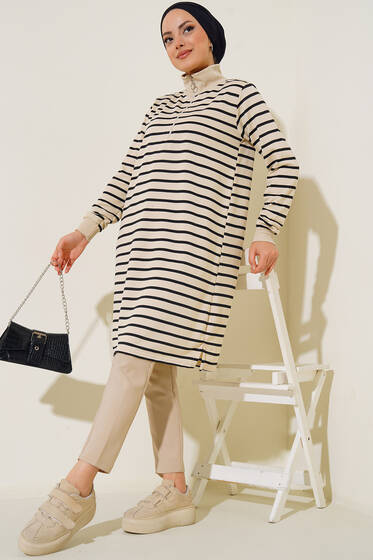 Dik Yaka Fermuarlı Uzun Tunik Siyah - Tunik