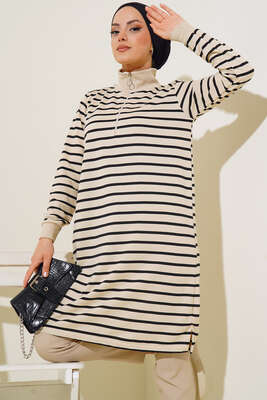 Dik Yaka Fermuarlı Uzun Tunik Siyah - Tunik